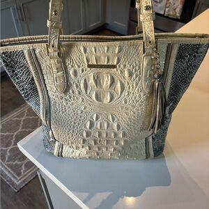 Brahmin Cream and Blue Textured Tote Bag